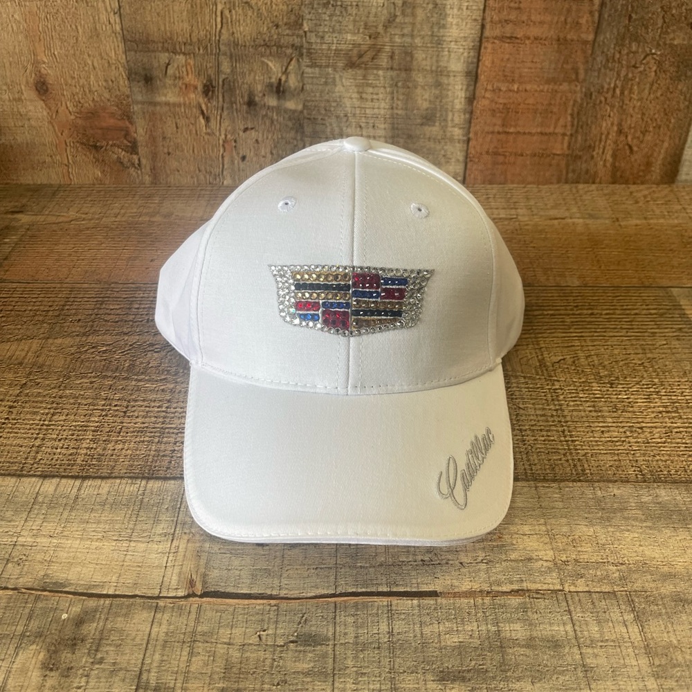 Cadillac Escalade Bling 3D Logo Hat Cap W Swarovski Crystals White Adjustable